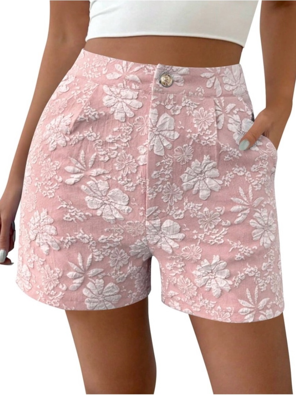 SHEIN Pink Floral Jacquard High-Waist Shorts